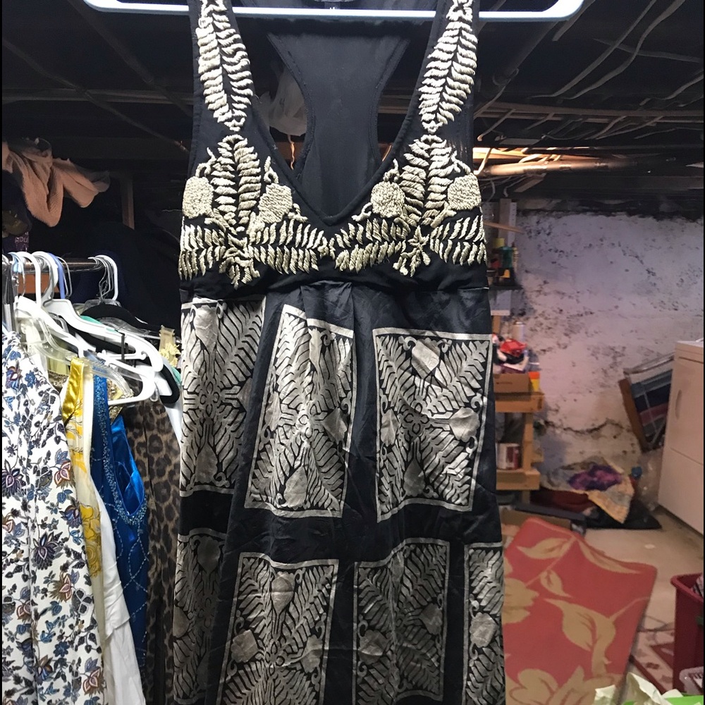 Black silk dress w gold embroidery